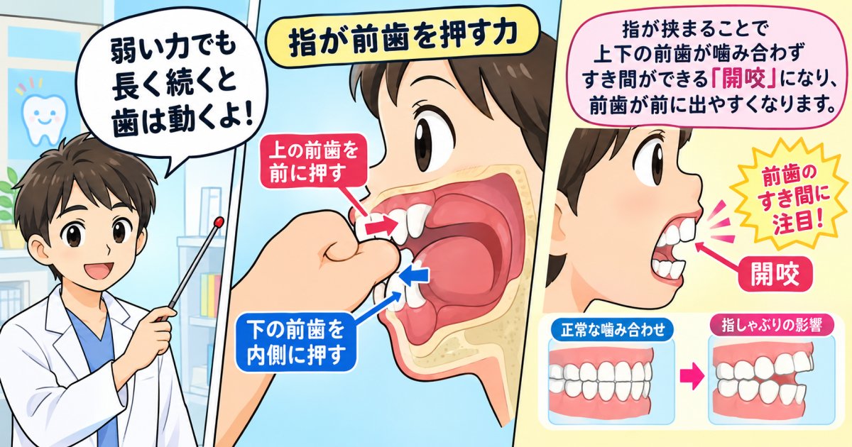 指しゃぶり・爪噛みが出っ歯や開咬につながる仕組み